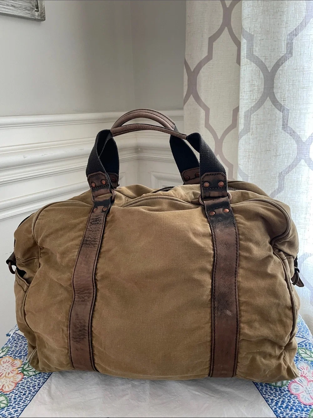Black Rivet Vintage Inspired Brown Canvas Duffel with Brown Leather Trim